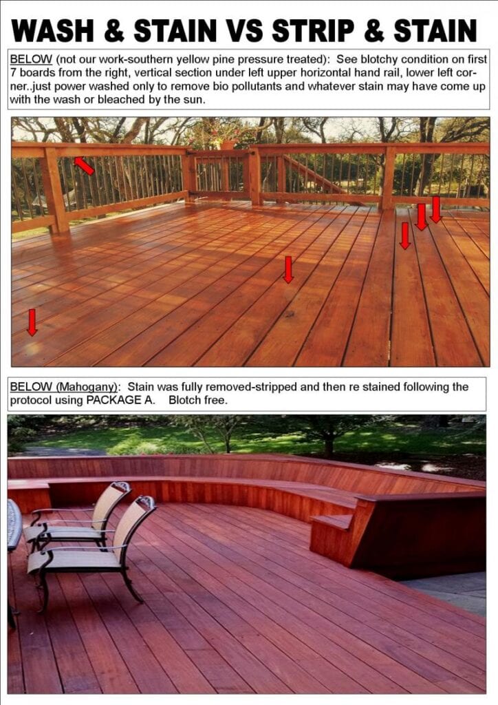 A deck with some red stain and two different pictures